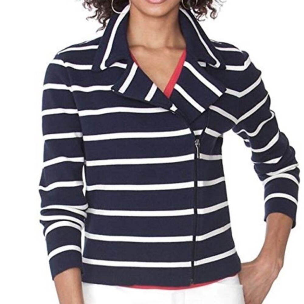 Chaps Navy Striped Zip Jacket Gold Button Nautical Blazer Style Women L Preppy